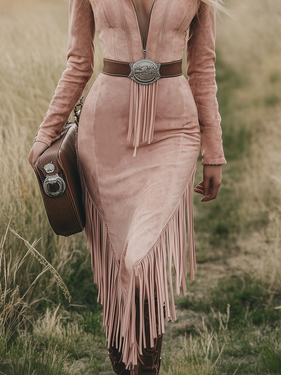 Western Retro Pink Long-sleeved Tassel Midi Dress