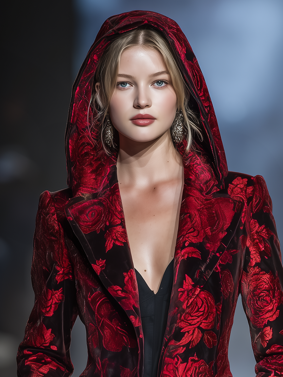 Retro Elegant Rose Print Hooded Velvet Blazer