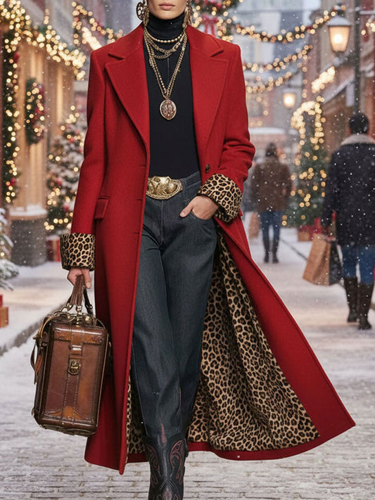 Lapel Single-breasted Leopard Print Wool Coat