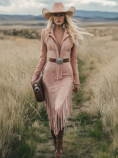 Western Retro Pink Long-sleeved Tassel Midi Dress
