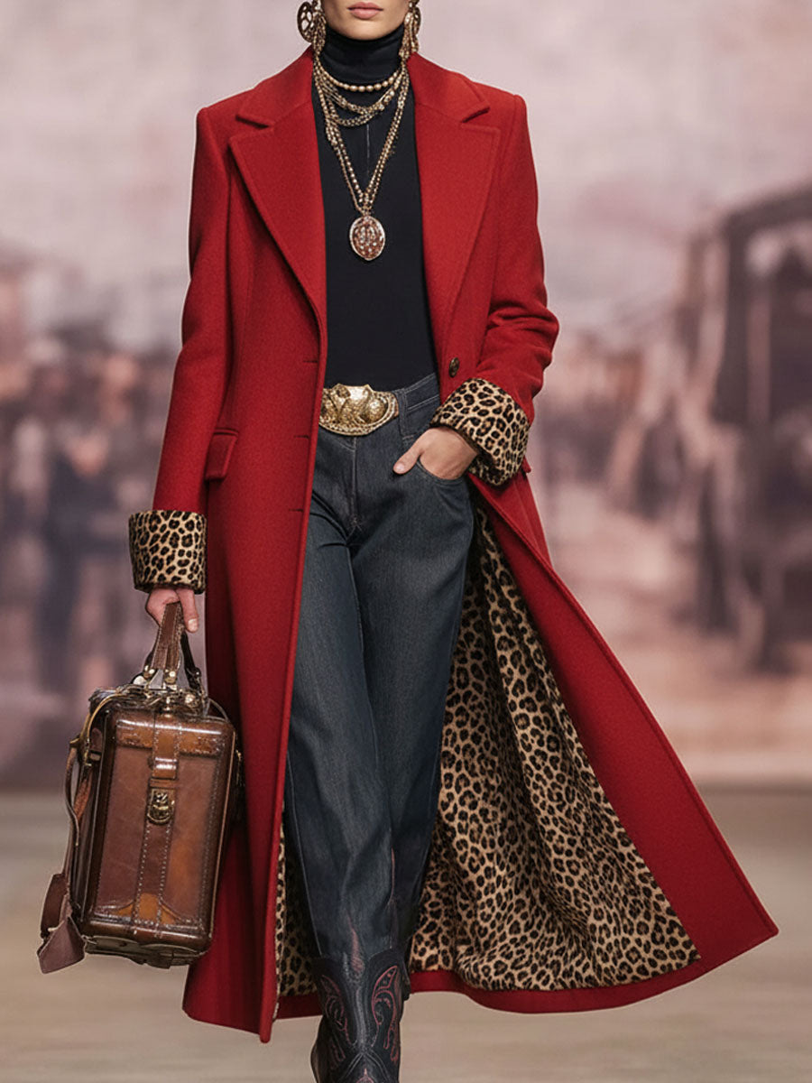 Lapel Single-breasted Leopard Print Wool Coat