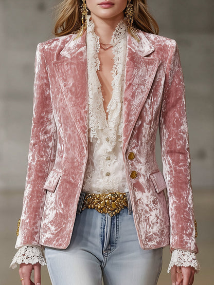 Fashion Retro Pink Velvet Gold Button Blazer