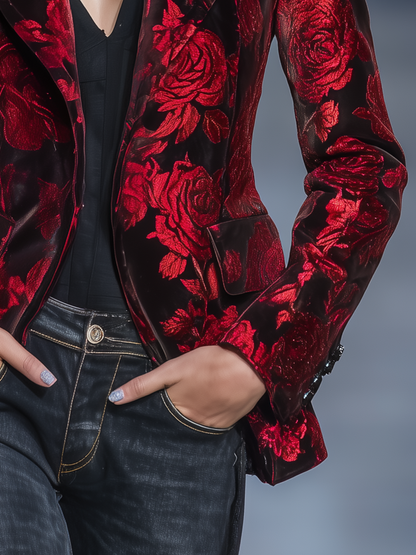 Retro Elegant Rose Print Hooded Velvet Blazer