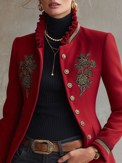 Ruffled Stand-up Collar Single-breasted Rose Embroidered Woolen Jacket