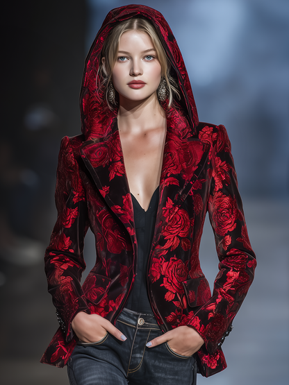 Retro Elegant Rose Print Hooded Velvet Blazer