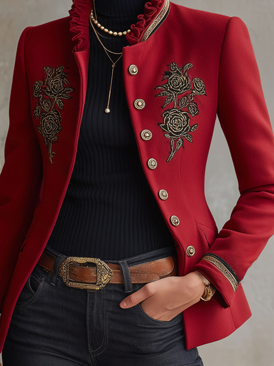 Ruffled Stand-up Collar Single-breasted Rose Embroidered Woolen Jacket