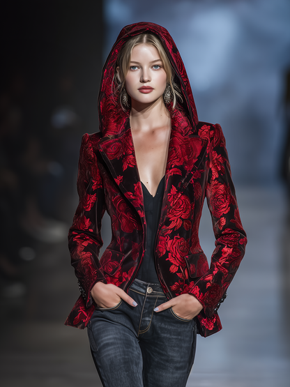Retro Elegant Rose Print Hooded Velvet Blazer