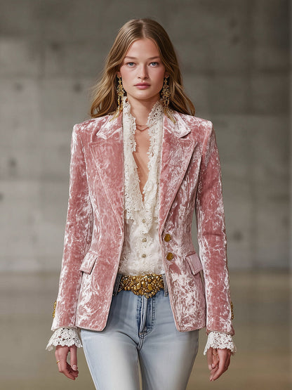 Fashion Retro Pink Velvet Gold Button Blazer