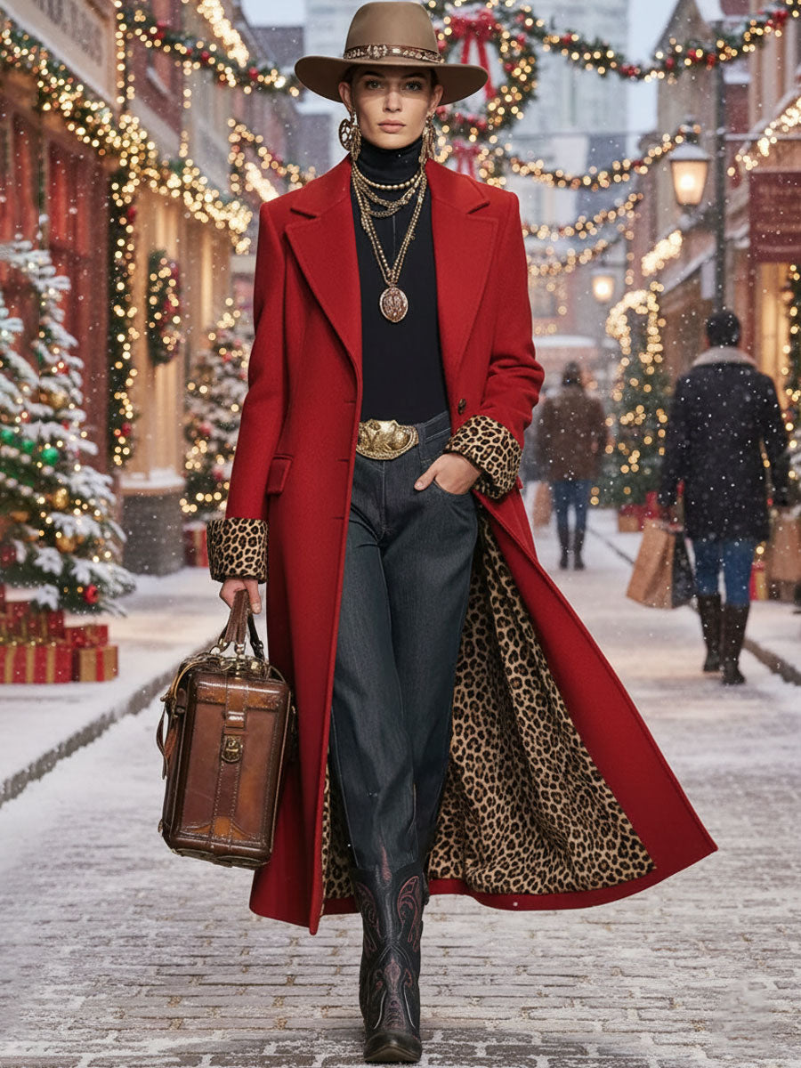 Lapel Single-breasted Leopard Print Wool Coat