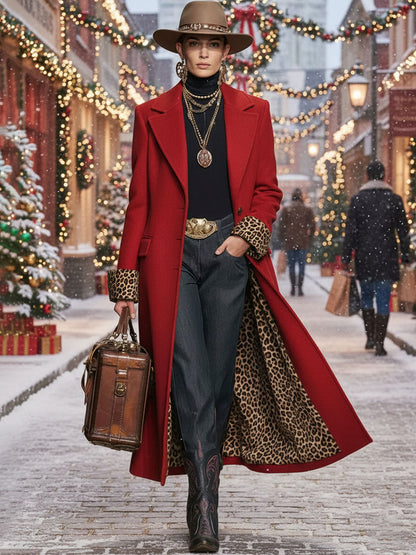 Lapel Single-breasted Leopard Print Wool Coat