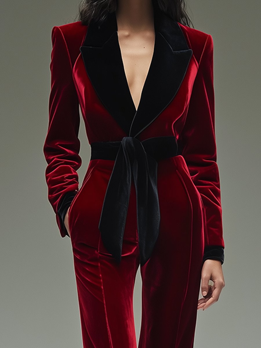 Retro Fashion Lapel Belt Different Color Velvet Stitching Jumpsuit